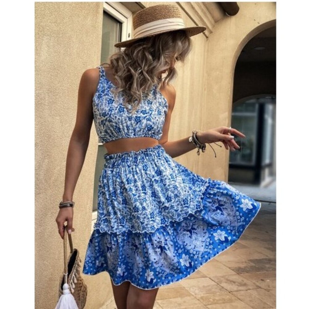SHEIN Blue White floral crop Tied TANK & Skirt Set Outfit *SMALL* B112